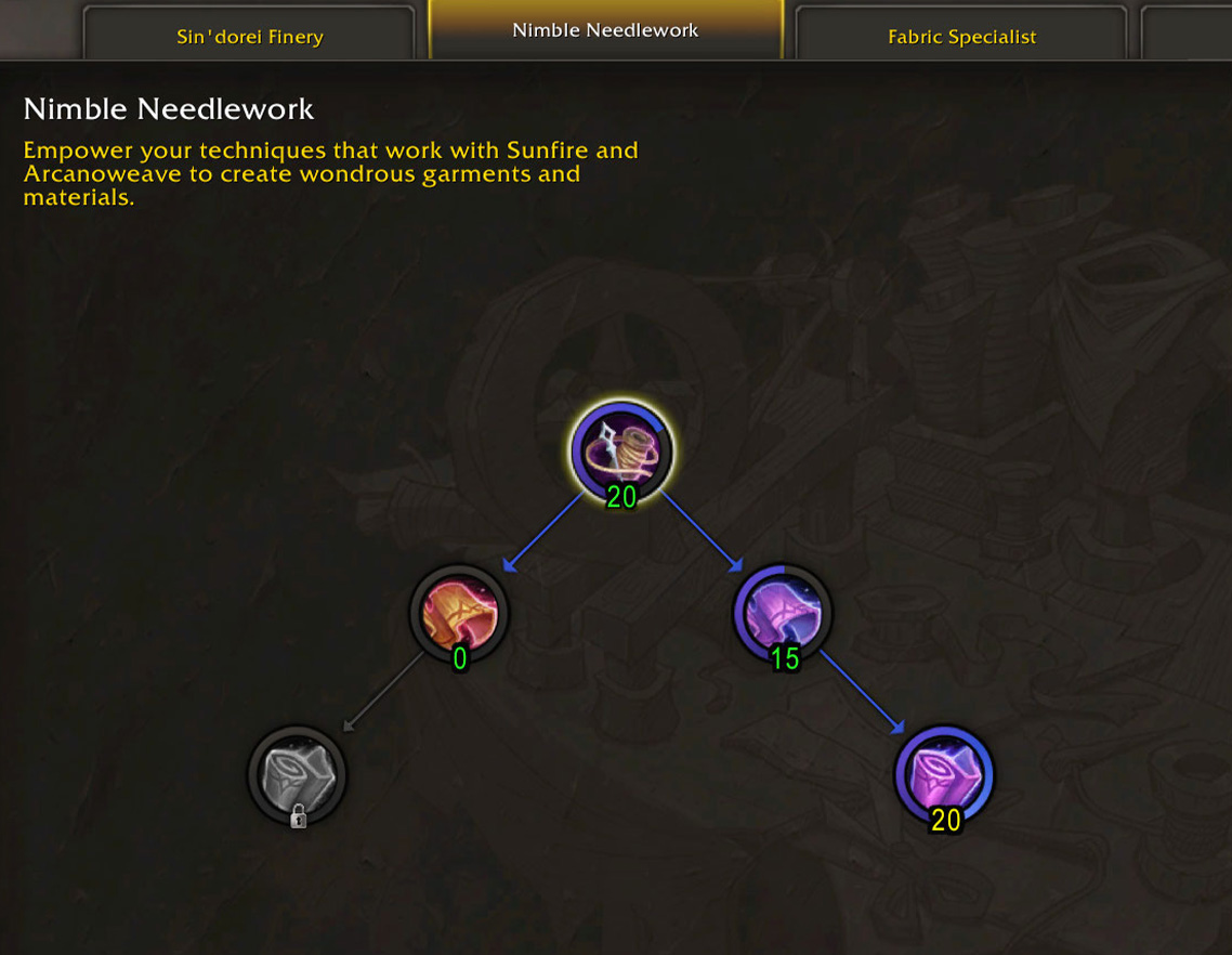 Tailoring Nimble Needlework CD reduction and recipe unlocks